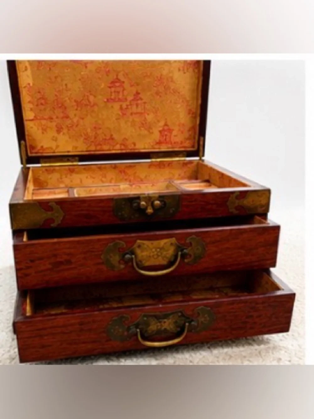 Wooden Jewelry Chest Organizer with Brass Accents - Brown